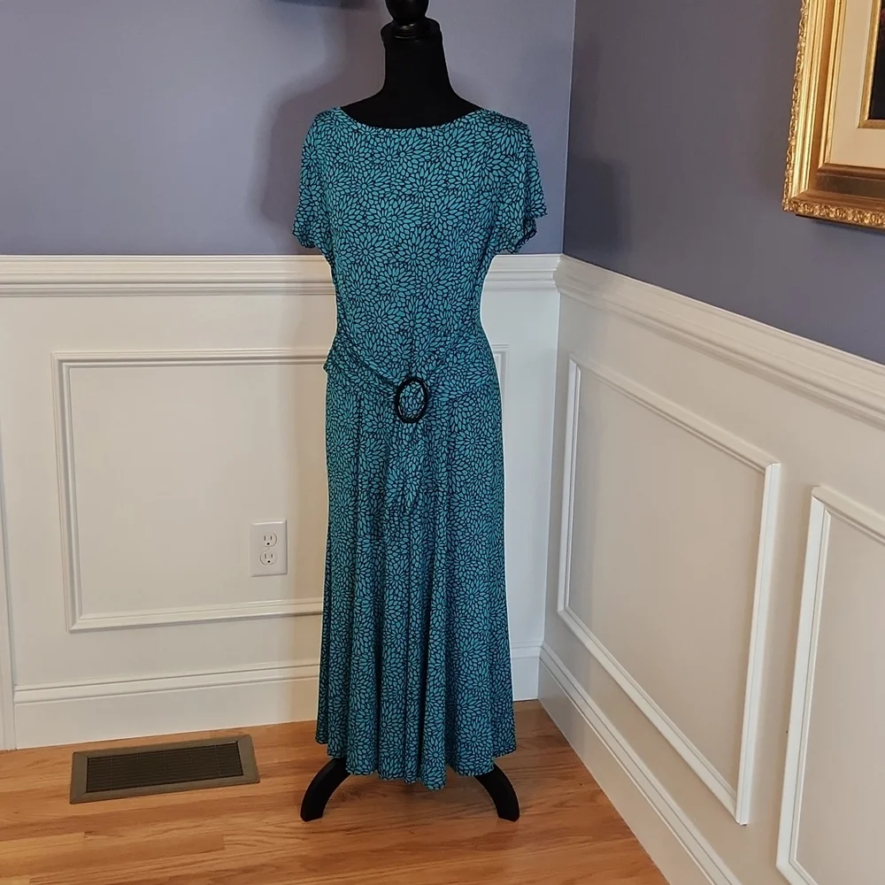 Vintage Black and Teal Floral Dress - Picture 1 of 7
